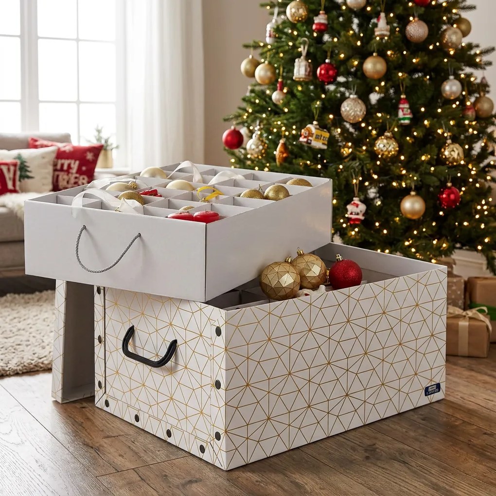 Domo Living Vianočný úložný box na banky, vianočné ozdoby DOMO s prepážkami, biela a zlatá, 39 x 50 x 24 cm