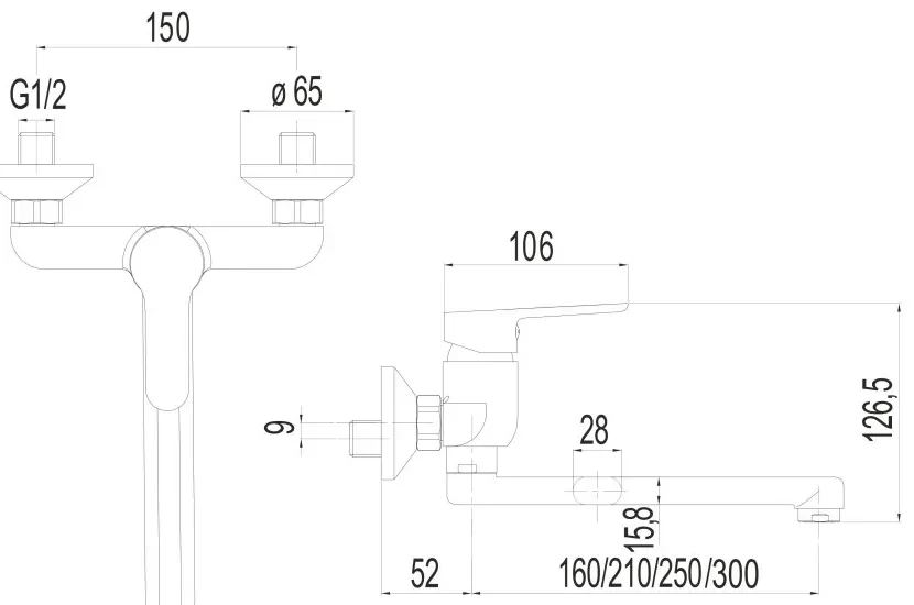 Mereo Mereo, Drezová nástenná batéria, Zuna, s ramienkom plochým rovným 250 mm, chróm, MER-CB302A01Z