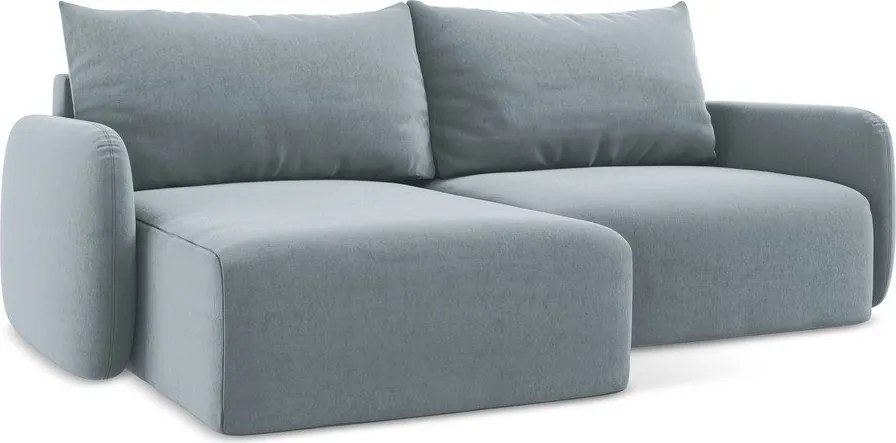 Modrá zamatová rozkladacia/s úložným priestorom rohová pohovka (ľavý roh/s leňoškou) Kalena – Makamii