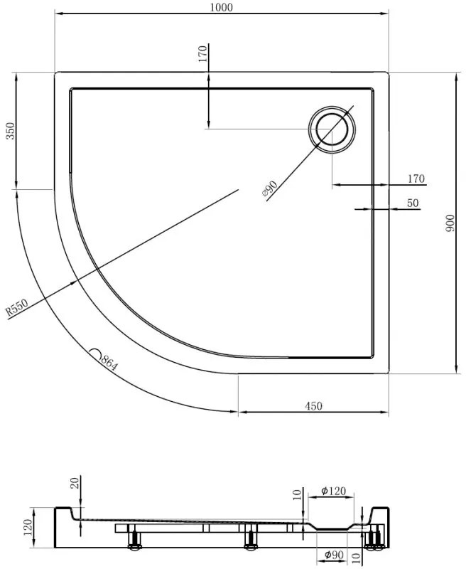 Mexen Flow+, štvrťkruhová asymetrická sprchová vanička, pravá, 100 x 90 cm, čierna matná, 46Q709010RH