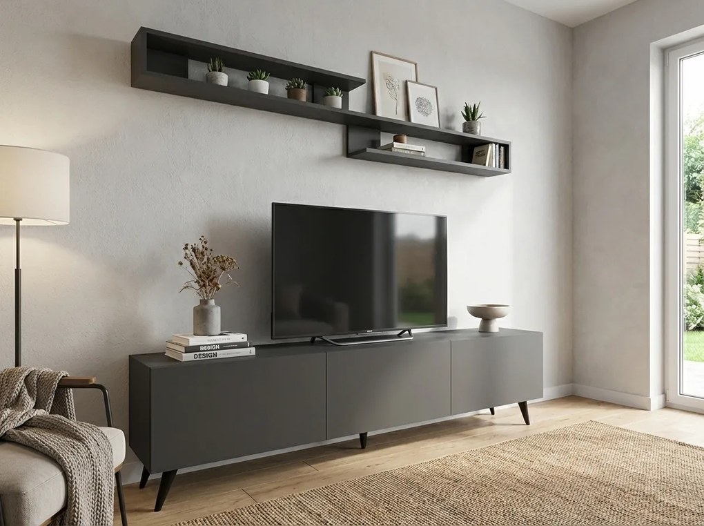 TV stolík MIYA 150 cm s nástennou policou, antracitový