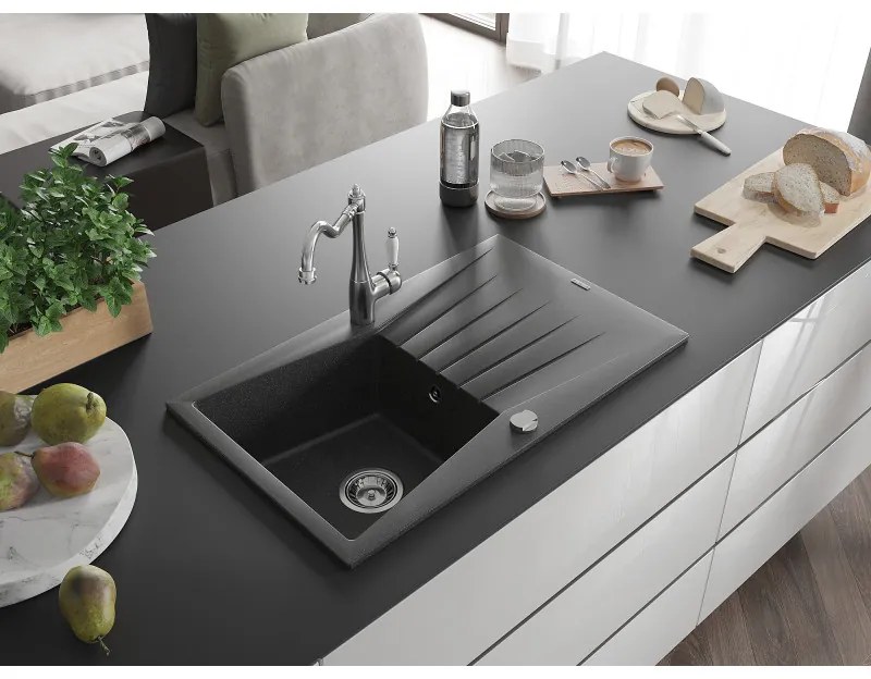 Mexen Cesar, 1-komorový granitový drez 775x470x190 mm a drezová batéria Carla, čierna škvrnitá, 6514-76-670700-00