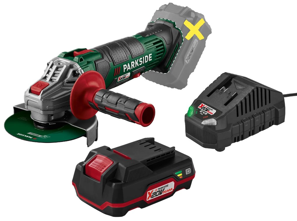 Parkside® Aku uhlová brúska Pwsa 20-Li G4 + Akumulátor 20 V 2 Ah + Nabíjačka na akumulátor 20 V/2,4 A (800011746)