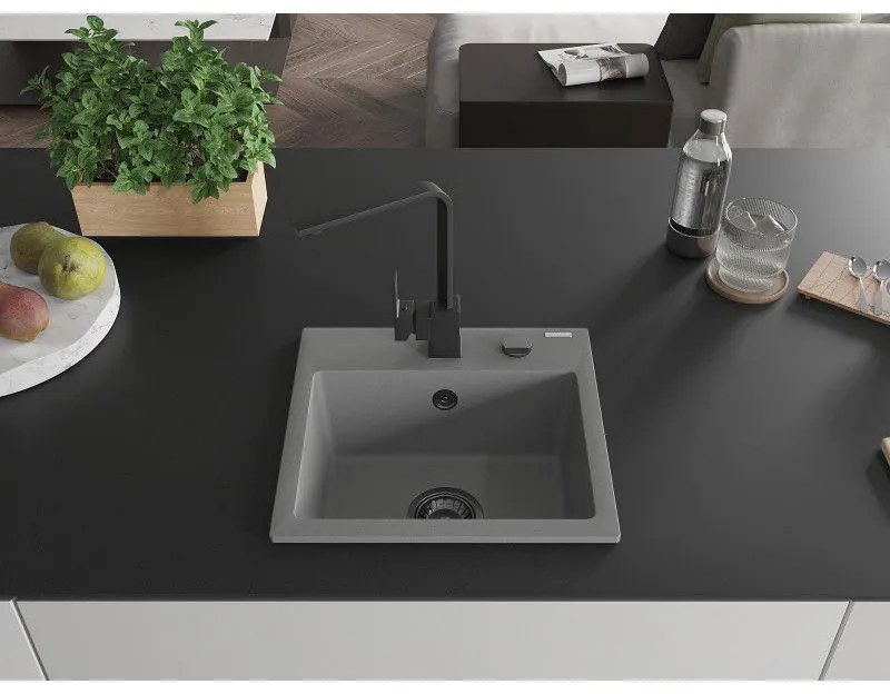 Mexen Milo, 1-komorový granitový drez 435x410x171 mm a čierna batéria Rita, šedá, 6505-71-670300-70-B