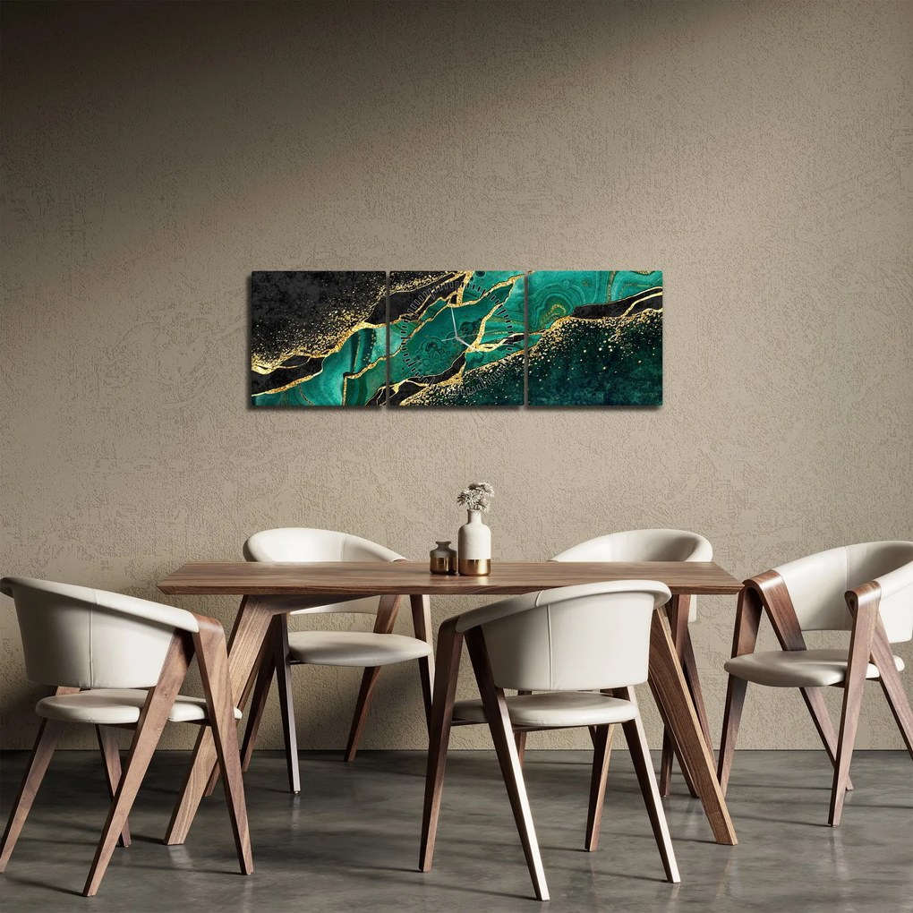 Obraz - Petrolejovo-zlaté mramorovanie (s hodinami) (90x30 cm)