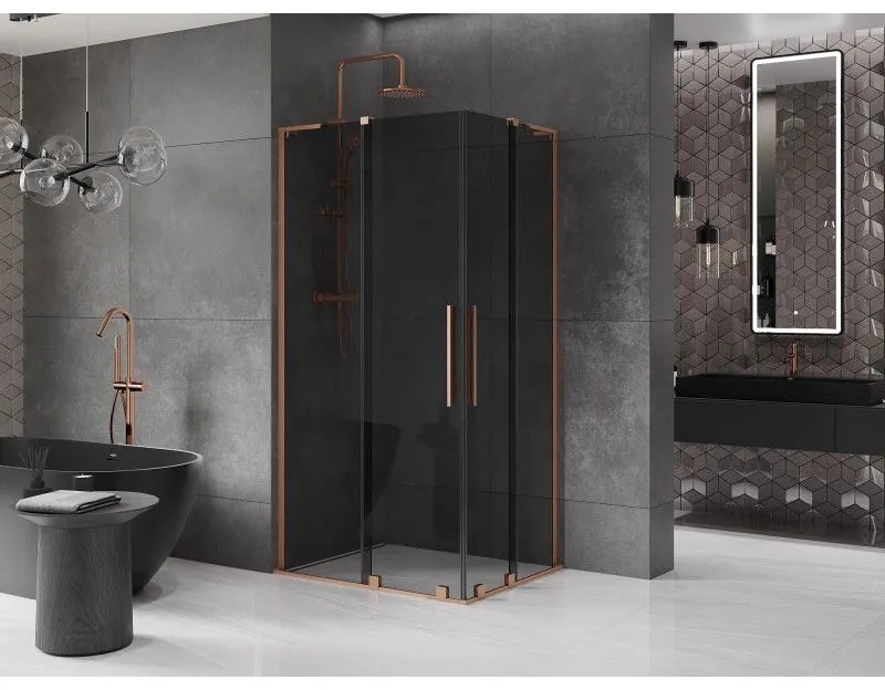 Mexen Velar L Duo, sprchový kút s posuvnými dverami 100 x 90 cm, 8mm šedé sklo, medená matná, 871-100-090-02-43-65