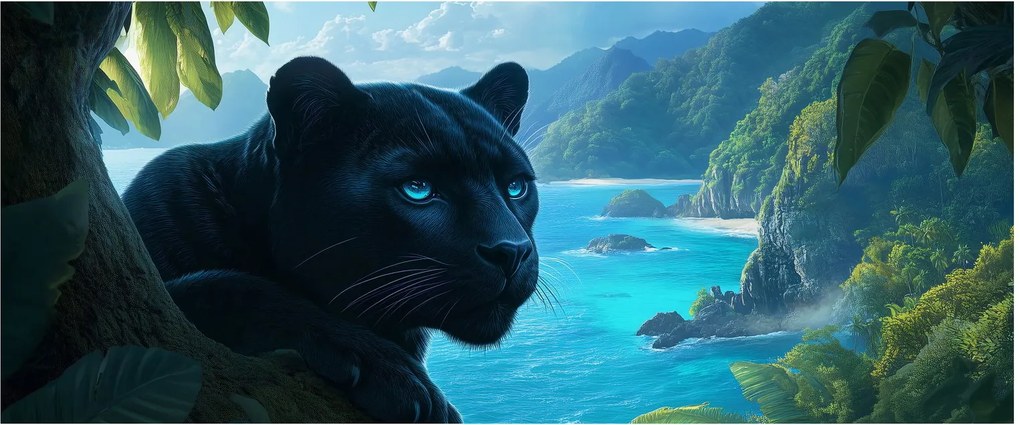 Obraz - Čierny panter v džungli (120x50 cm)