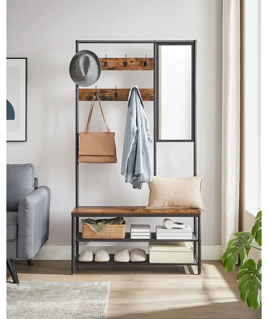 VASAGLE HSR415B01 – multifunkčný vešiak na kabáty so zrkadlom a lavicou