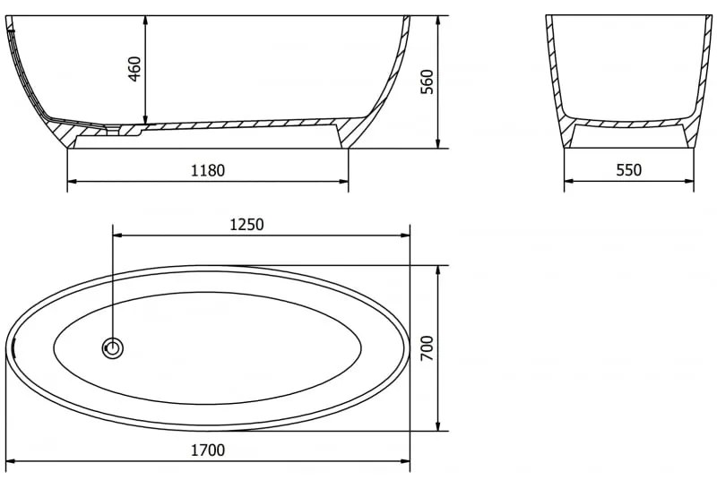 Mexen Prato, voľne stojaca vaňa z konglomerátu 170 x 70 cm, čierna matná, 57251707070
