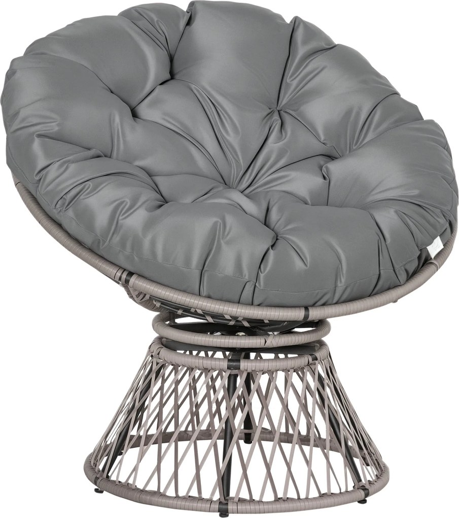 Outsunny syntetické ratanové otočné Papasan kreslo oválne prútené PE kreslo s vankúšom a oceľovým rámom pre záhradu, terasu, 87x97x86 cm, šedé | Aosom