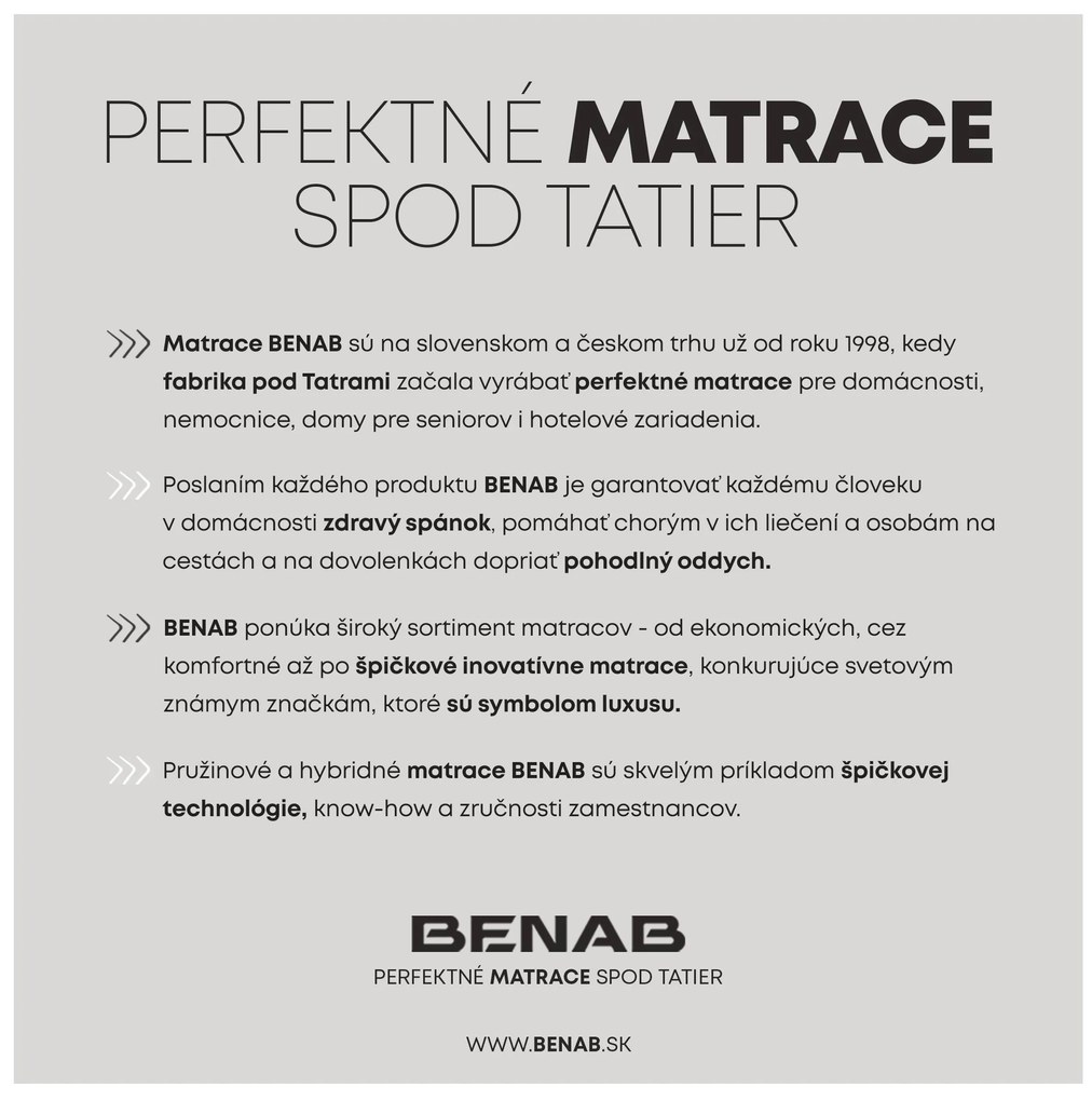 Penový matrac Benab Taranis Optimal 200x140 cm (T5). Obľúbený, vzdušný, zdravotný sendvičový matrac s obojstrannou 7 zónovou profiláciou kvalitnej PUR peny, pre maximálne ortopedické účinky a pohodlie. 763015