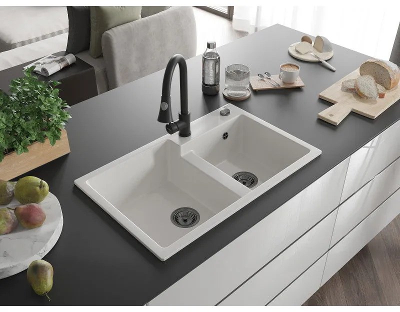 Mexen Tomas, 2-komorový granitový drez 800x500x190 mm a drezová batéria Elia, biela, 6516-20-670101-70