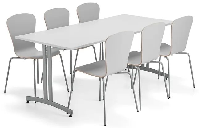 Zostava nábytku SANNA + MILLA PLUS, 1 stôl, 6 stoličiek, strieborná/svetlošedá