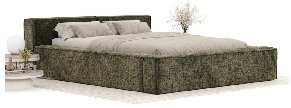 Tmavozelená čalúnená dvojlôžková posteľ s úložným priestorom s roštom 200x200 cm Voliera – Maison de Rêve
