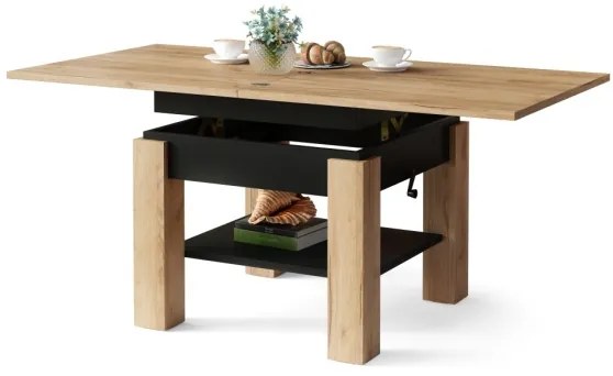 Rozkladací konferenčný/jedálenský stôl so zvíhacou doskou CALEB dub craft/čierna