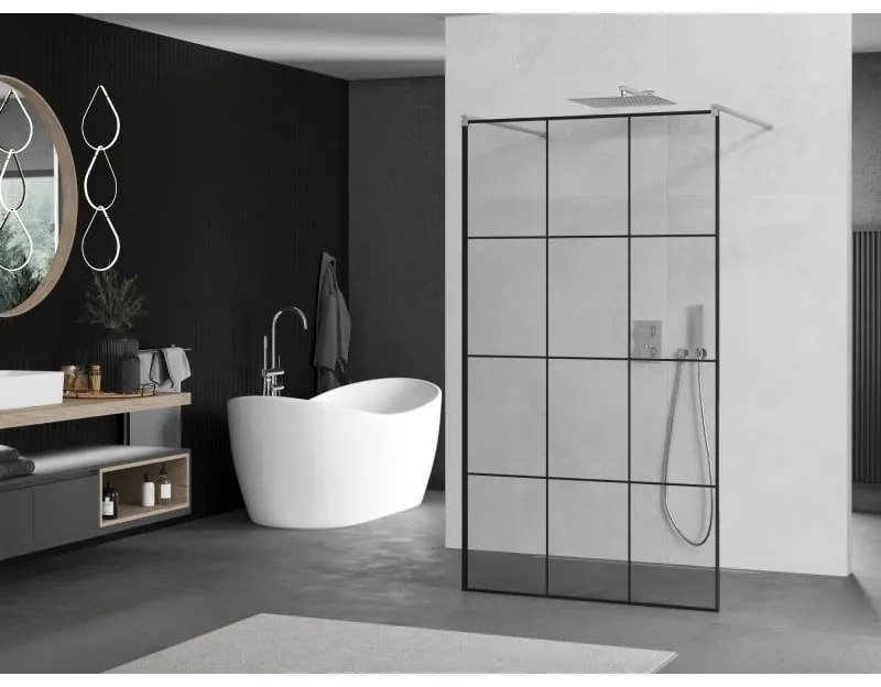 Mexen Kioto, sprchová zástena Walk-In 110 x 200 cm, 8mm sklo čierny vzor, brúsená oceľ profil, 800-110-002-97-77