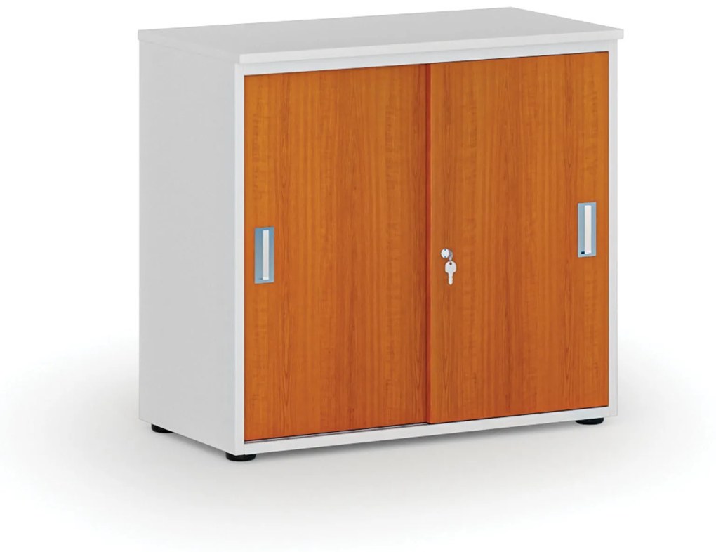 Kancelárska skriňa so zasúvacími dverami PRIMO WHITE, 740 x 800 x 420 mm, biela/čerešňa