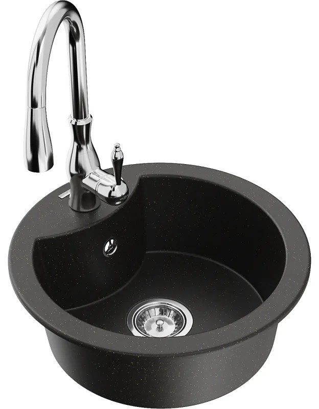 Mexen Diego, 1-komorový granitový drez 488x488x167 mm a drezová batéria Savita, čierna-zlatá metalíza, 6512-75-672601-00