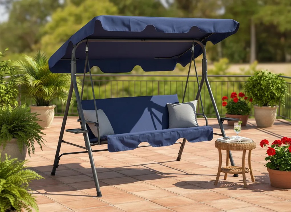 Garden Line ZÁHRADNÁ HOJDAČKA TYPU A 170 x 118 x 153 cm NÁMORNÍCKA MODRÁ S ŠEDÝMI VANKÚŠMI A DRŽIAKMI NA POHÁRE