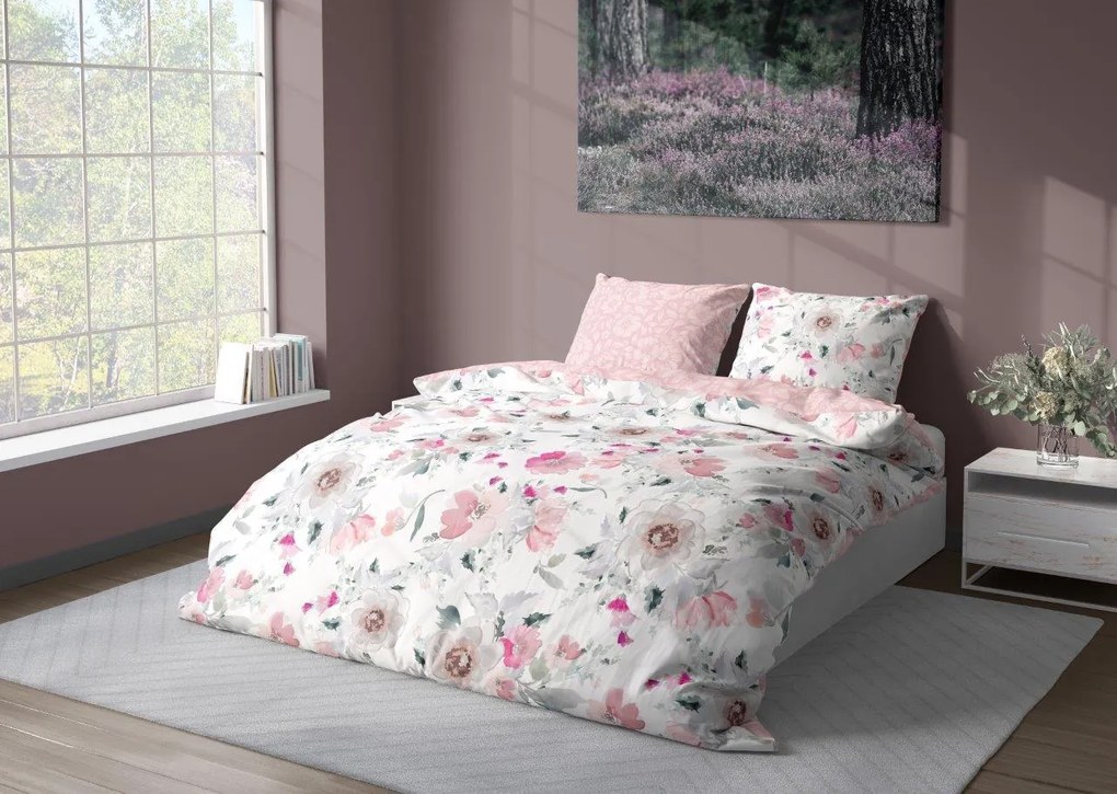 Saténové obliečky MILAGRO VERDE Jemné kvety - biele / ružové - 160x200 cm