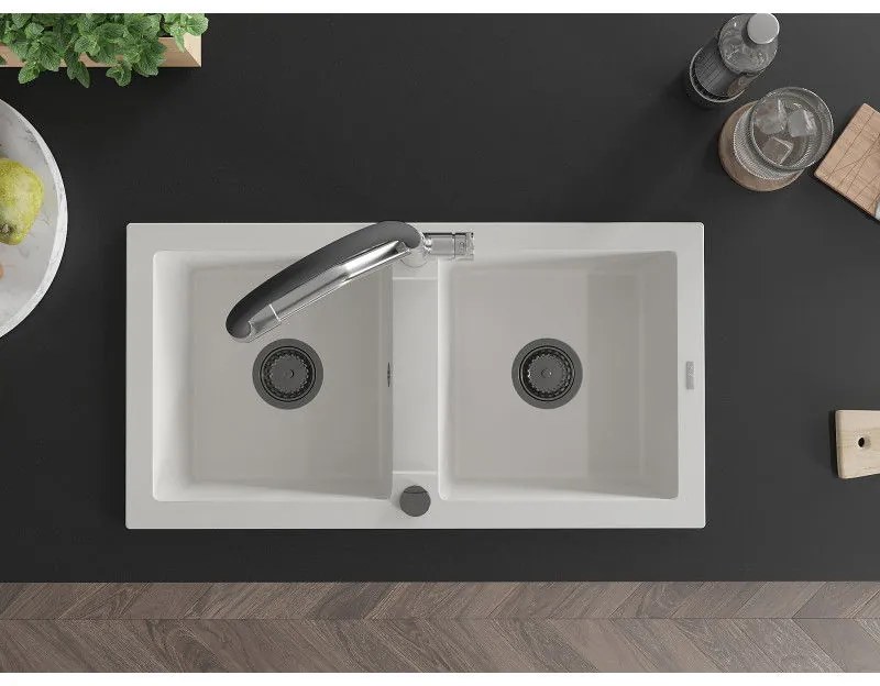 Mexen Mario, granitový drez 820x436x161 mm, 2-komorový a drezová batéria Duo, biela, 6504-20-671701-07-B