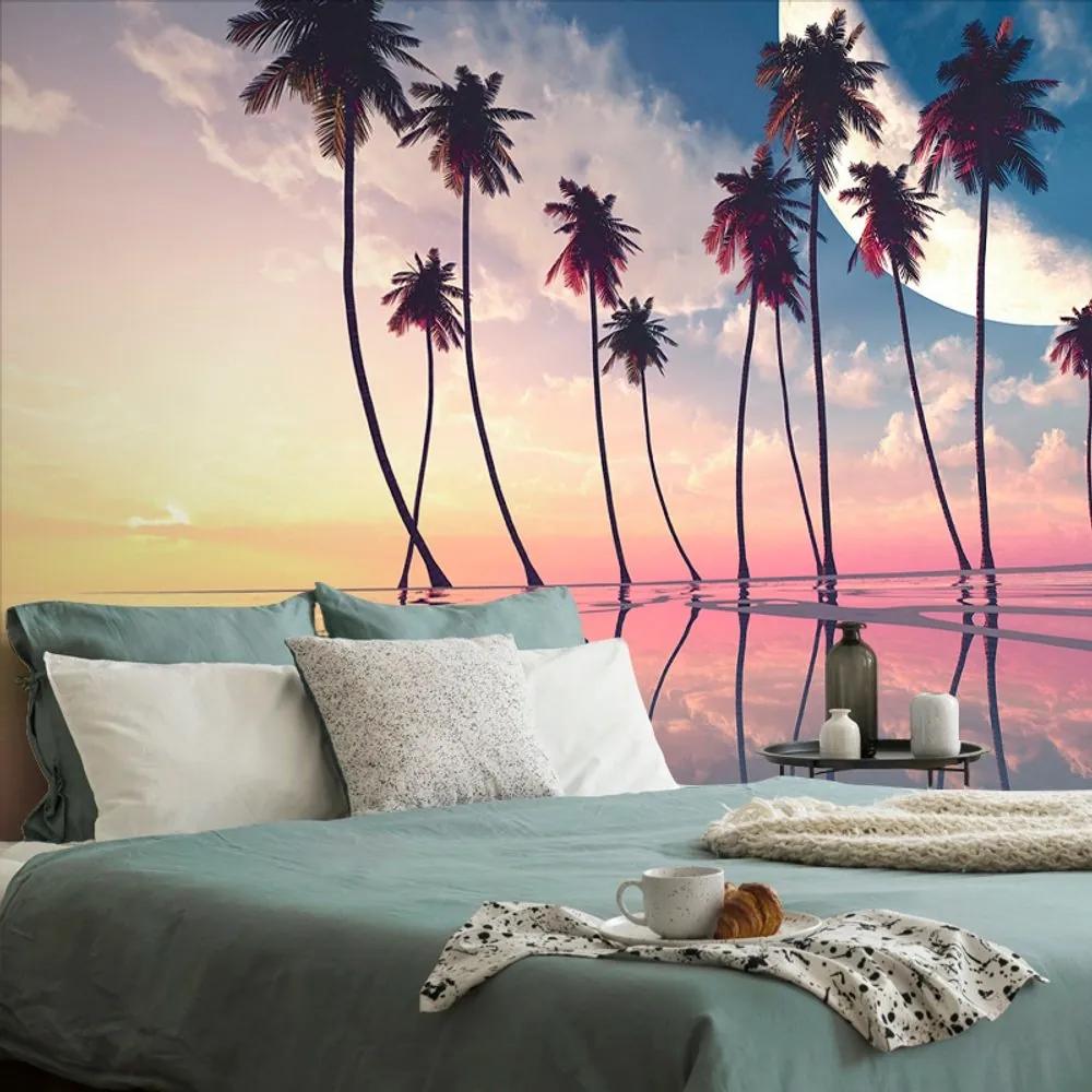 Samolepiaca tapeta západ slnka nad tropickými palmami - 150x100