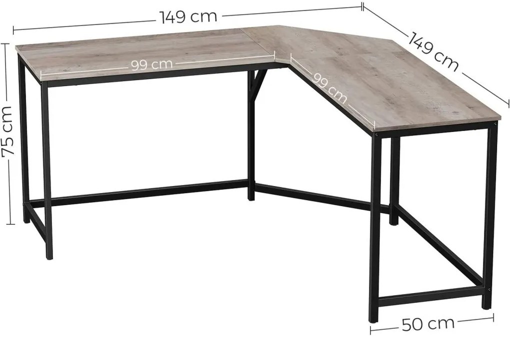 VASAGLE Rohový kancelársky stôl sivé drevo 149 x 75 x 149 cm