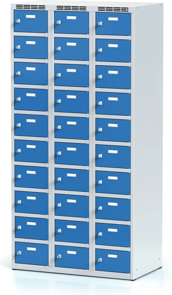 Alfa 3 Šatníková skrinka S6 s úložnými boxami, 30 boxov, 1800 x 900 x 500 mm, cylindrický zámok, modré dvere