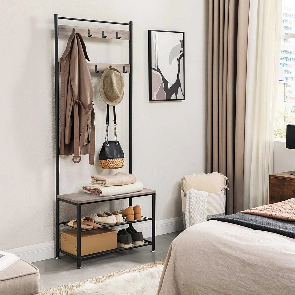 Kovová predsieňová stena INDUSTRY 175 cm, čierna/svetlohnedá