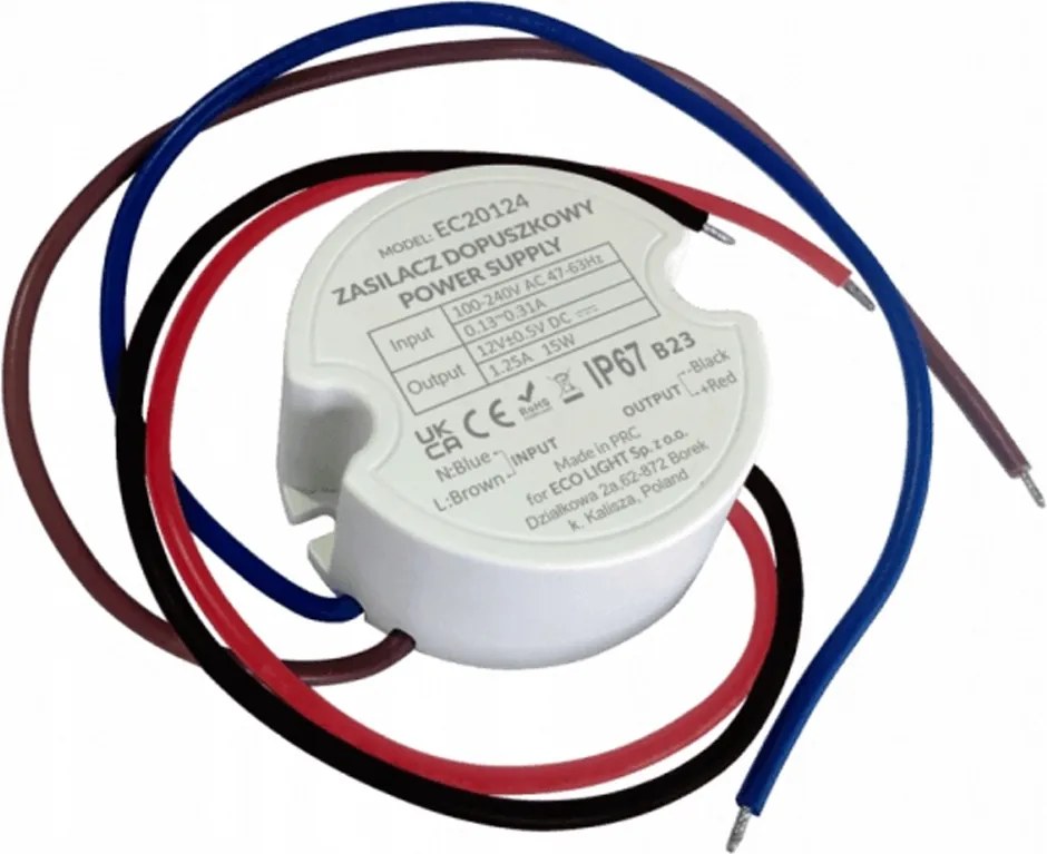 Napájací zdroj pre LED diódy 12V DC 15W 1,25A pre rozvádzač FI 60, hermetický, IP67