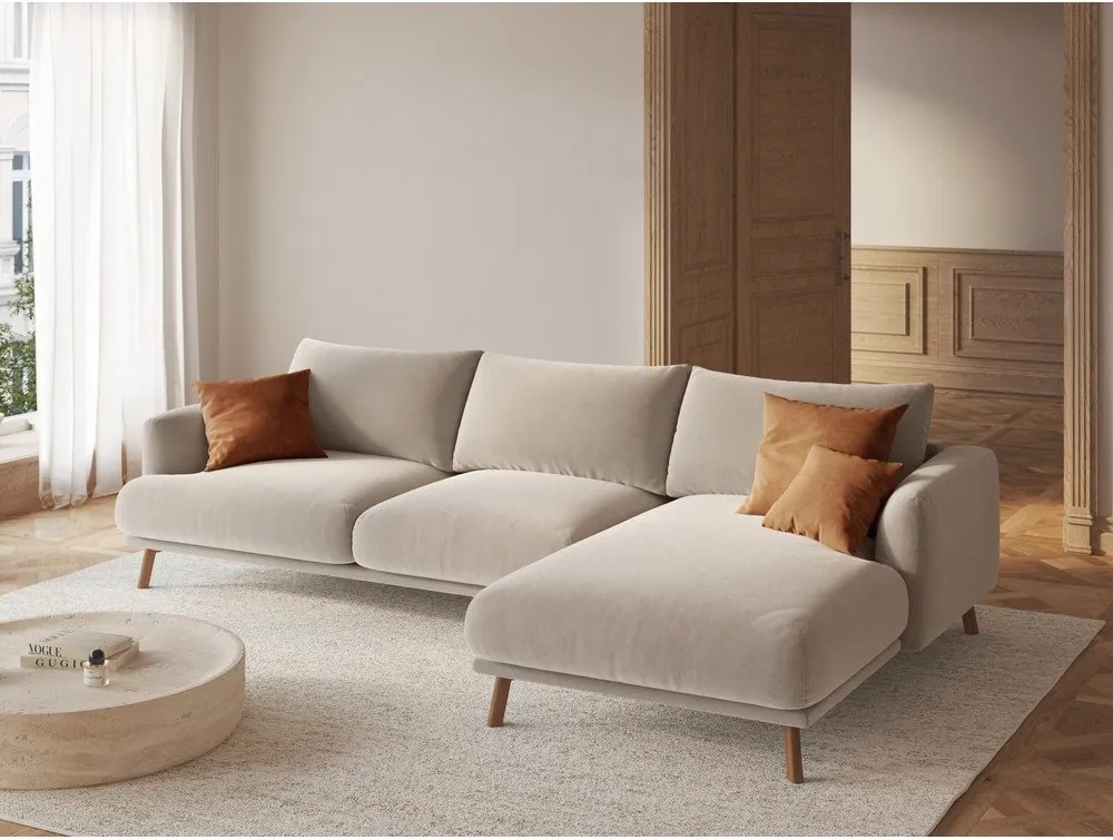 Béžová zamatová rohová pohovka (pravý roh/s leňoškou) Naomi – Micadoni