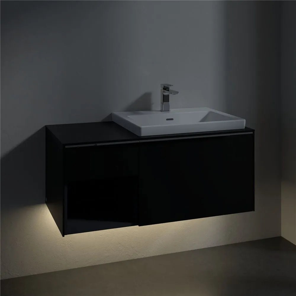 VILLEROY &amp; BOCH Subway 3.0 závesná skrinka pod umývadlo (umývadlo vpravo), 2 zásuvky + regálový prvok, s LED osvetlením, 1001 x 516 x 422,5 mm, Volcano Black, C571L0VL