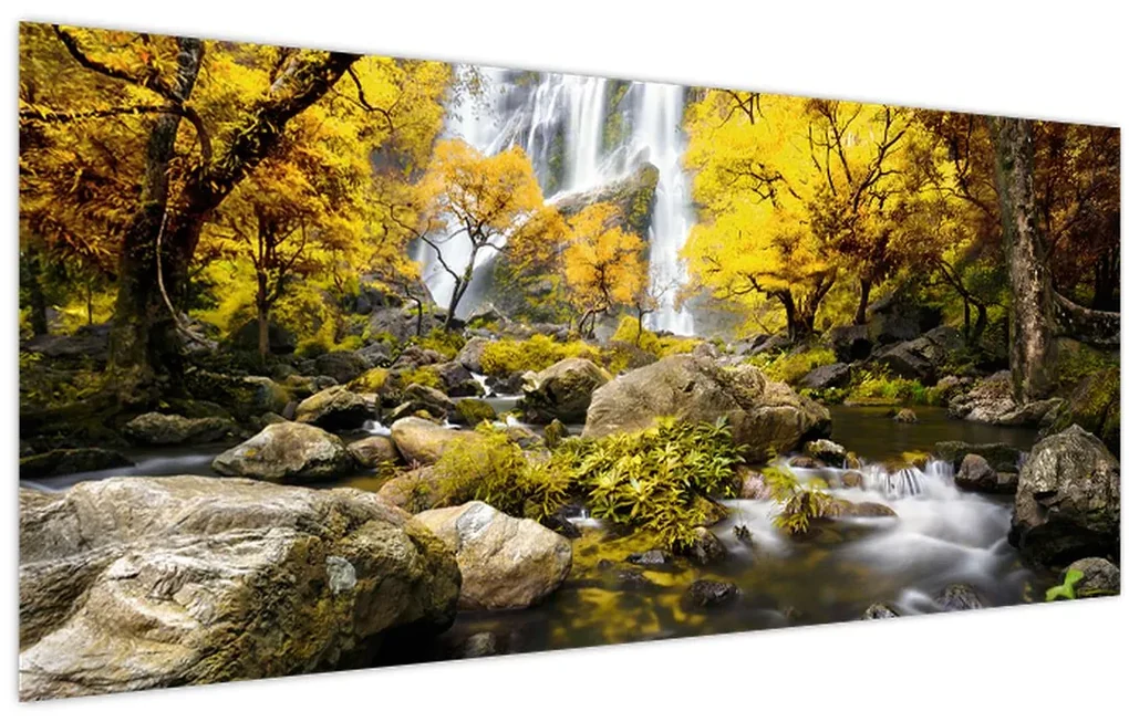 Obraz - Vodopády v jesennej krajine, žlté (120x50 cm)
