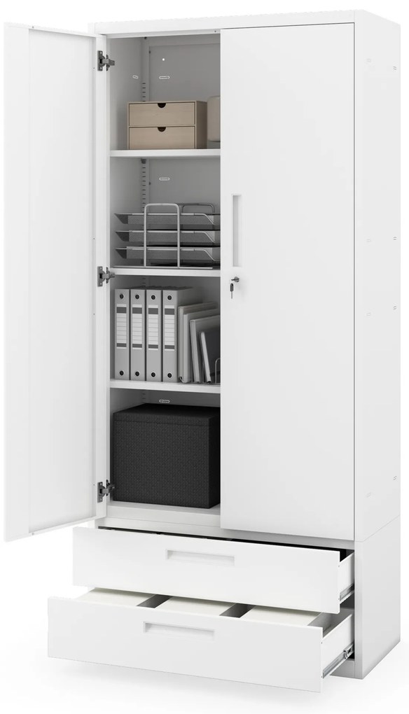 Kovová skriňa MEGAN – biela, dvojitá zásuvka, 195 cm