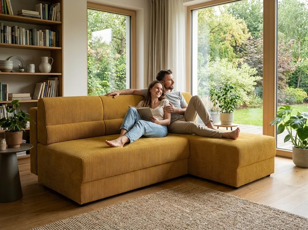 Rozkladacia obojstranná sedacia súprava do L TAVERO SLIM 201x140 cm, horčicová