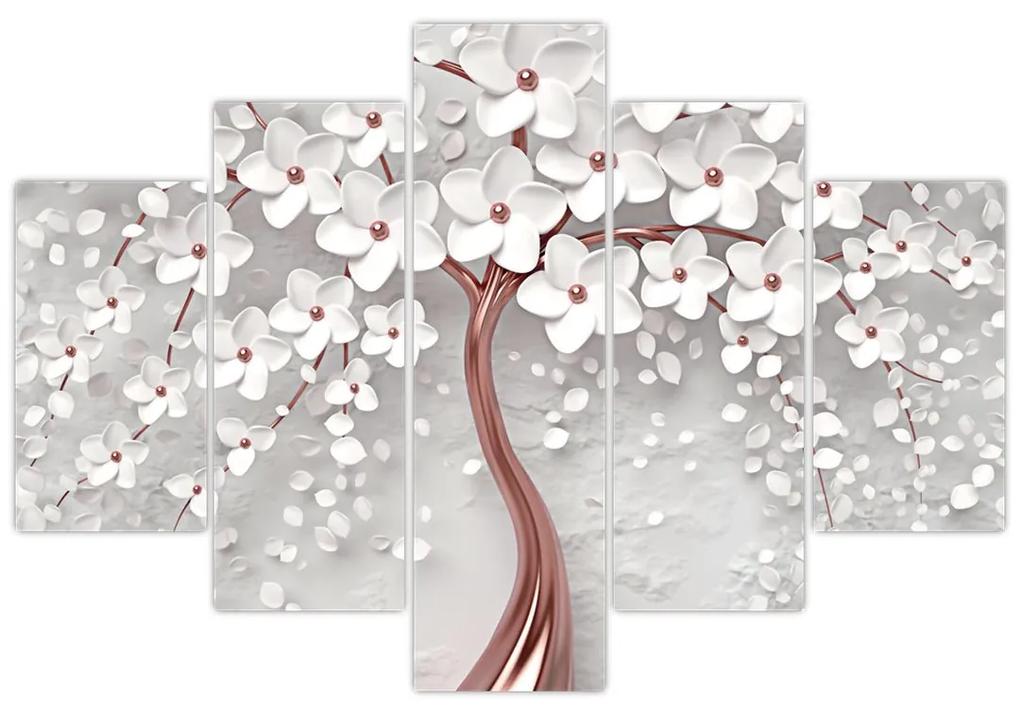Obraz - Obraz bieleho stromu s kvetinami, rosegold (150x105 cm)