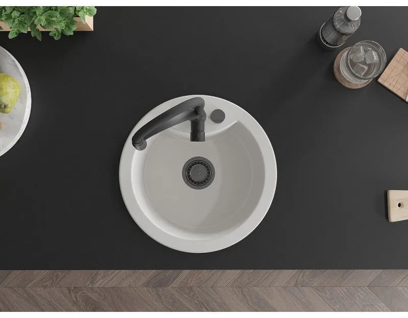 Mexen Diego, 1-komorový granitový drez 488x488x167 mm a drezová batéria Aster, biela, 6512-20-73450-70-B