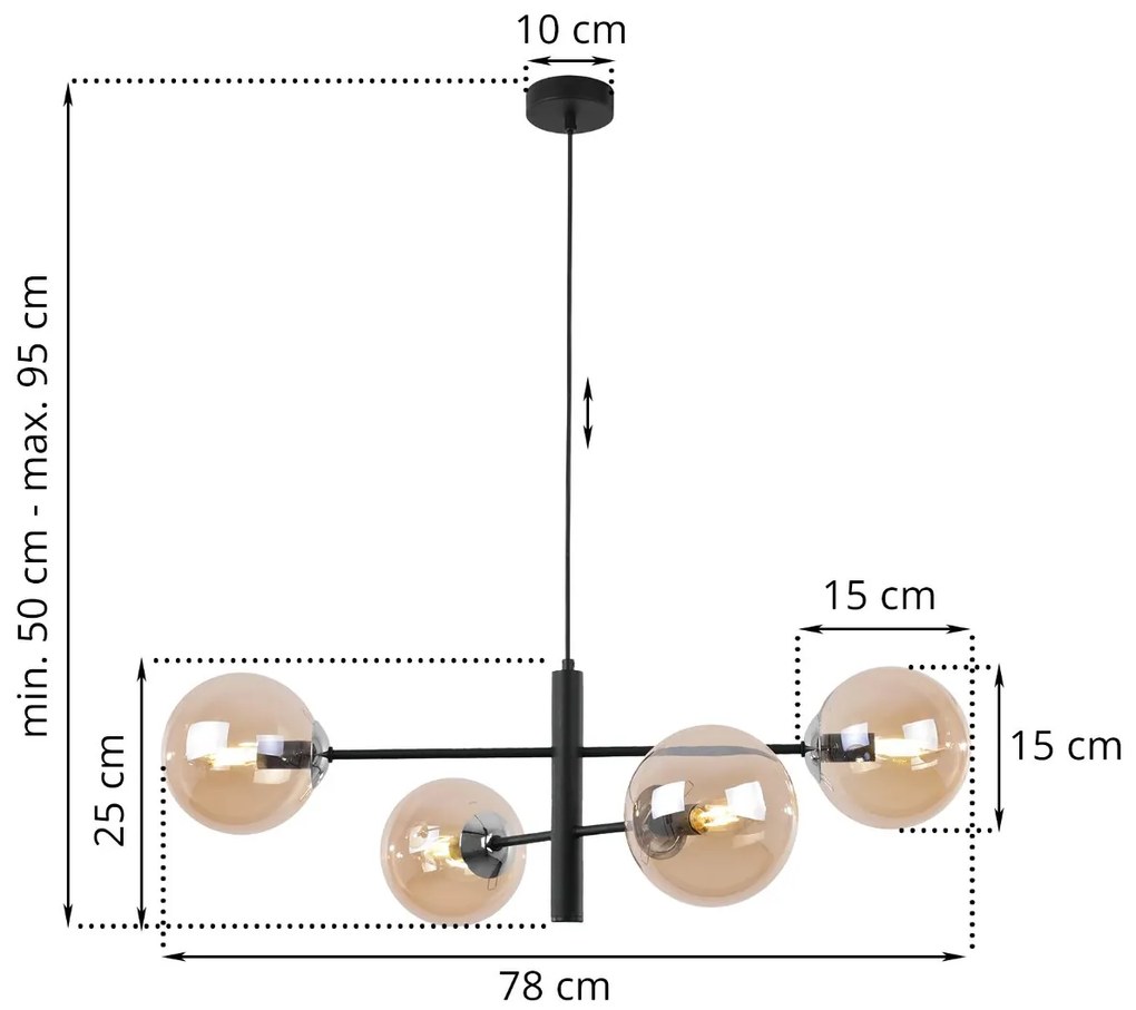 Závesne svietidlo Paris, 4x medové sklenené tienidlo, B/CH