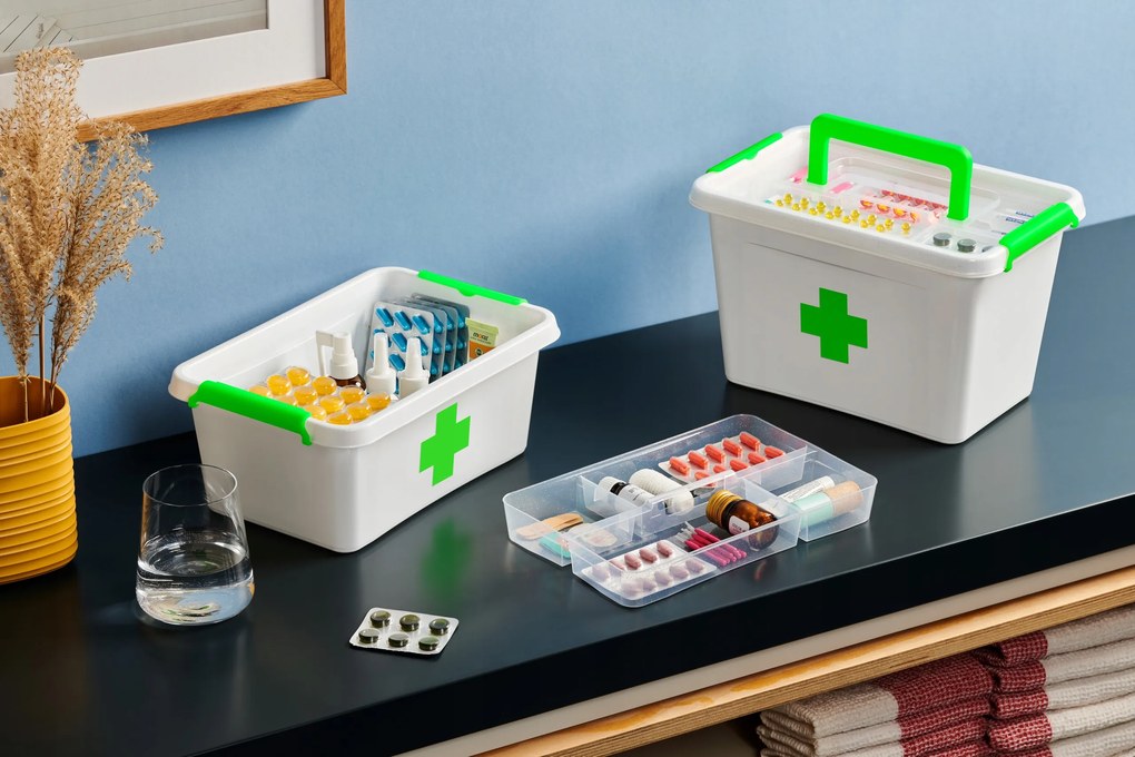 ALTOM Lekárnička, úložný box na lieky s vnoreným organizérom, 2v1, s rukoväťou, antibakteriálna, 12,5 l