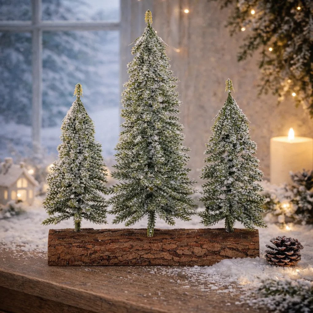 Vianočná dekorácia Smreky na kláte - trio, 34 cm, srienistý, zelená