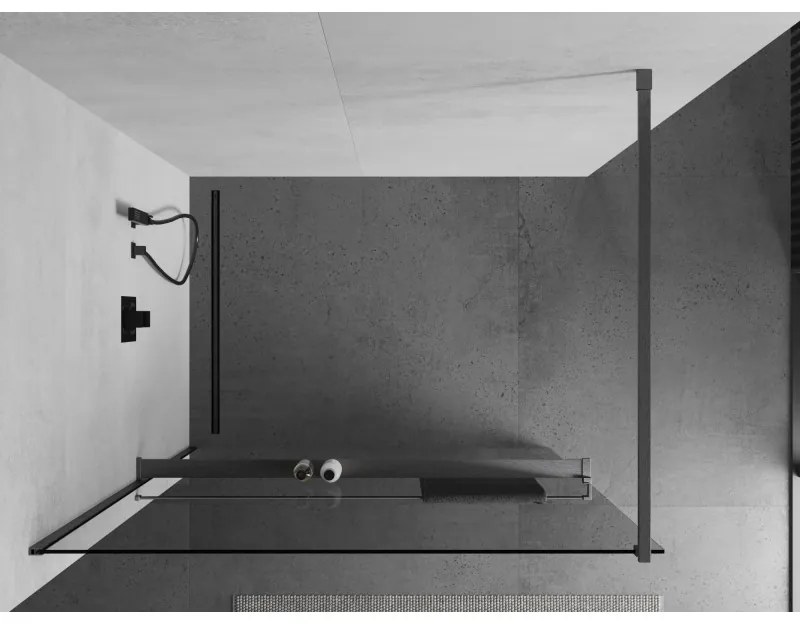 Mexen Kioto+, sprchová zástena Walk-In s poličkou a vešiakom 70 x 200 cm, 8mm číre sklo, grafitový profil, 800-070-121-66-00