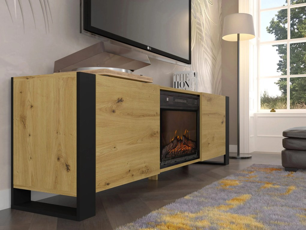 TV skrinka/stolík s krbom Montana (dub artisan + čierna). Akcia -20%. Vlastná spoľahlivá doprava až k Vám domov. 1124958