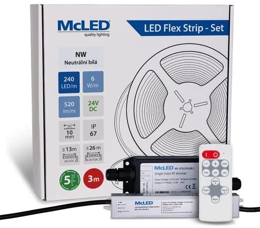 McLED LED páska - sada 3 m + Prijímač Nano IP67, 240 LED/m, NW, 6 W/m, DC 24V, 520 lm/m, CRI90, IP67, 10 mm, vodič 3 m ML-126.033.90.S03002