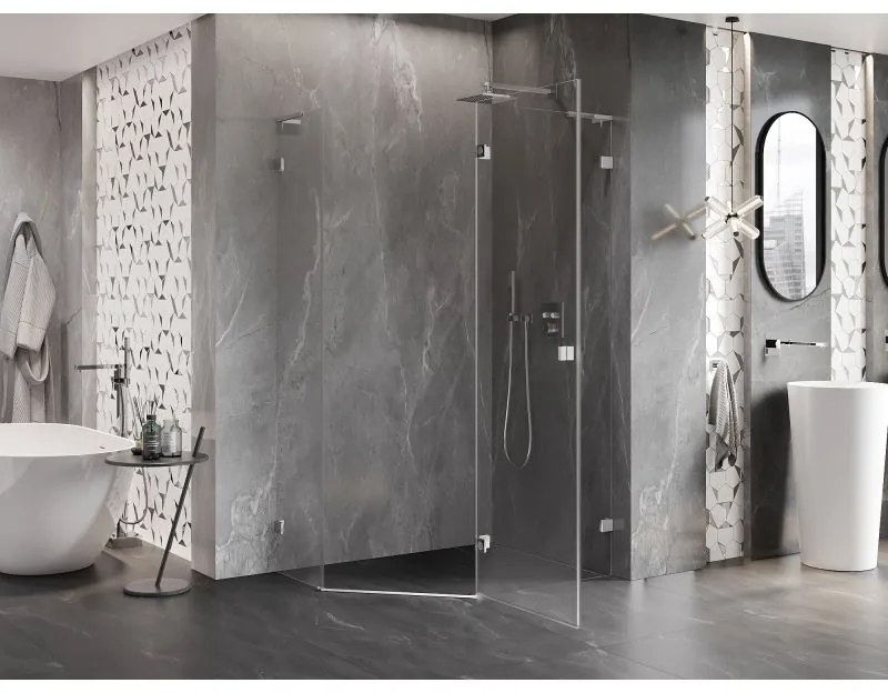 Mexen Lunar, L sklopný päťuholníkový sprchový kút pravý 100 x 90 cm, 8mm číre sklo, chrómový profil, 831L-100P-090L-01-00-P