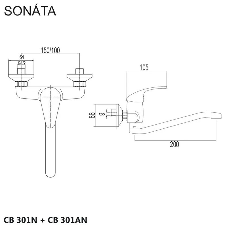 Mereo, Drezová nástenná batéria, Sonáta, s ramienkom plochým vyhnutým 210 mm, chróm, MER-CB301AN