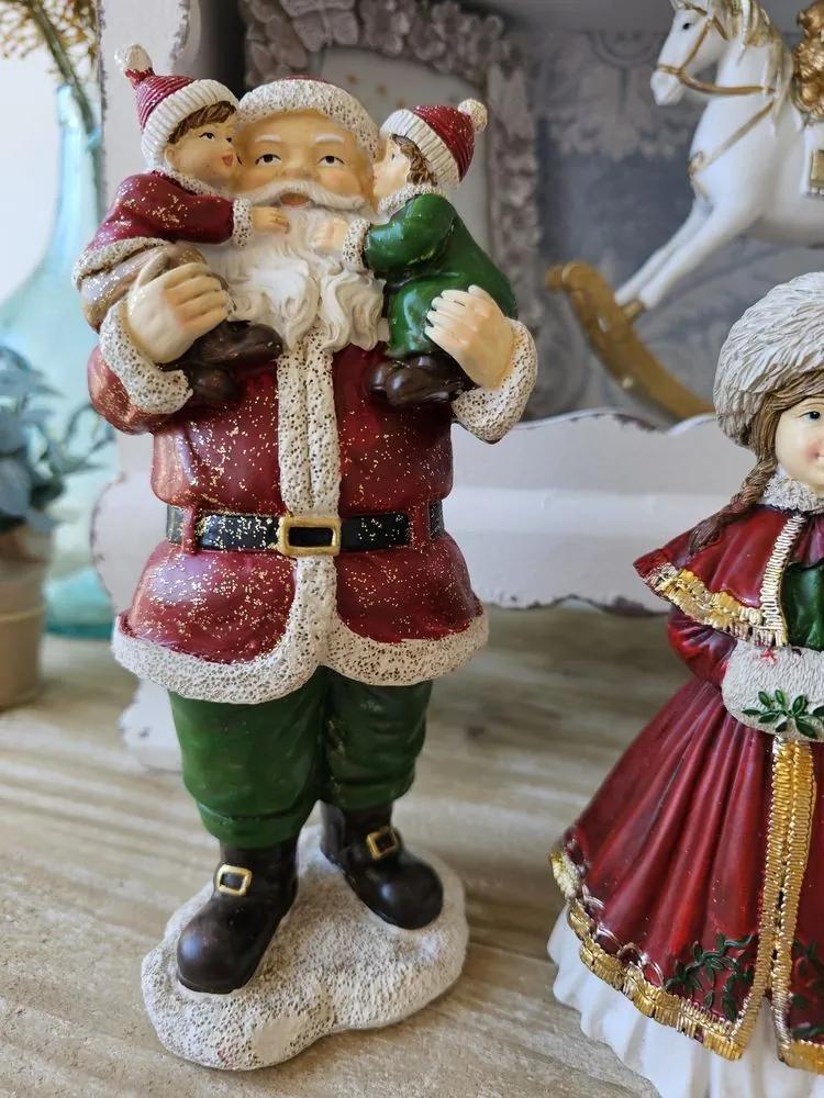 Červená vianočná dekorácia socha Santa s deťmi - 10*8*21 cm