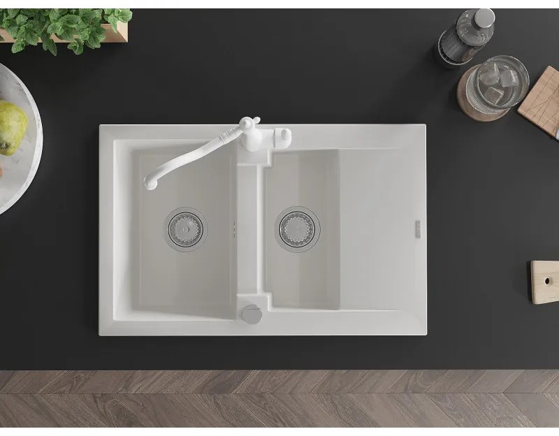 Mexen Pablo, granitový drez 752x436x161 mm, 1-komorový a drezová batéria Carla, biela, 6510-20-670700-20