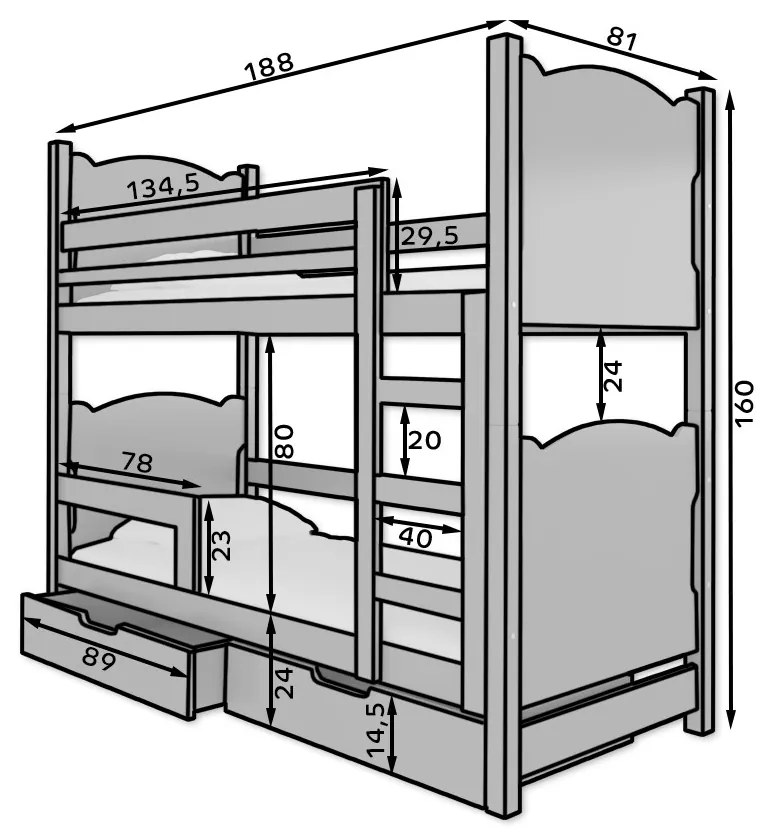 Poschodová detská posteľ 180x75 cm. Akcia -20%. Vlastná spoľahlivá doprava až k Vám domov. 1052101