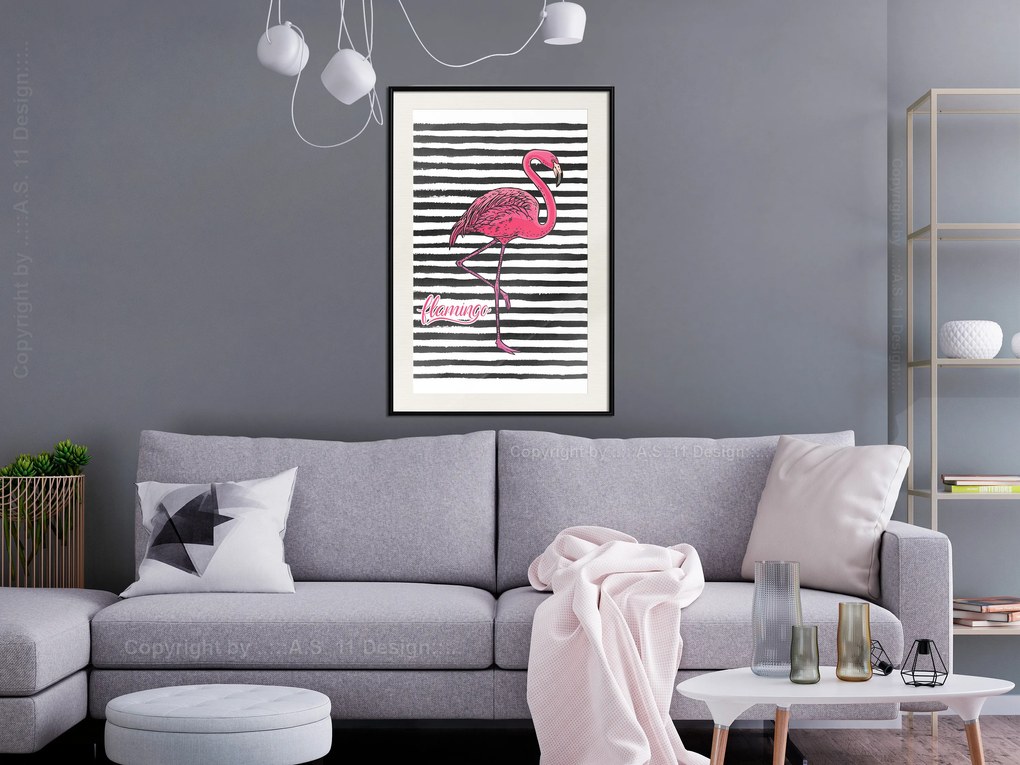Artgeist Plagát - Black Stripes and Flamingo [Poster] Veľkosť: 20x30, Verzia: Zlatý rám