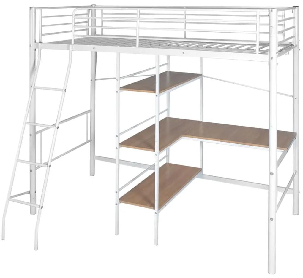 vidaXL Vysoká posteľ so stolom, kovová, 200x90 cm, biela a hnedá